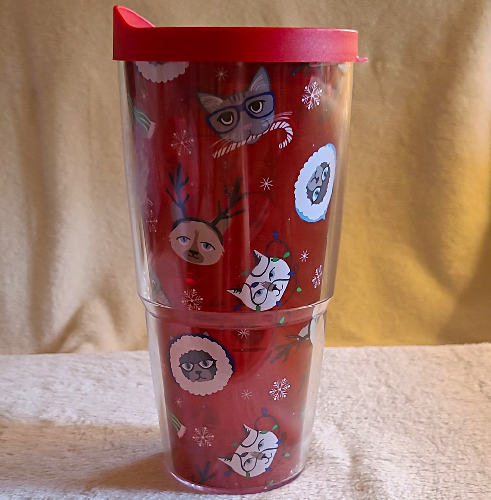 Tervis Tumbler 24 oz Travel Cup With Lid Holiday Christmas Cats Red Double Wall